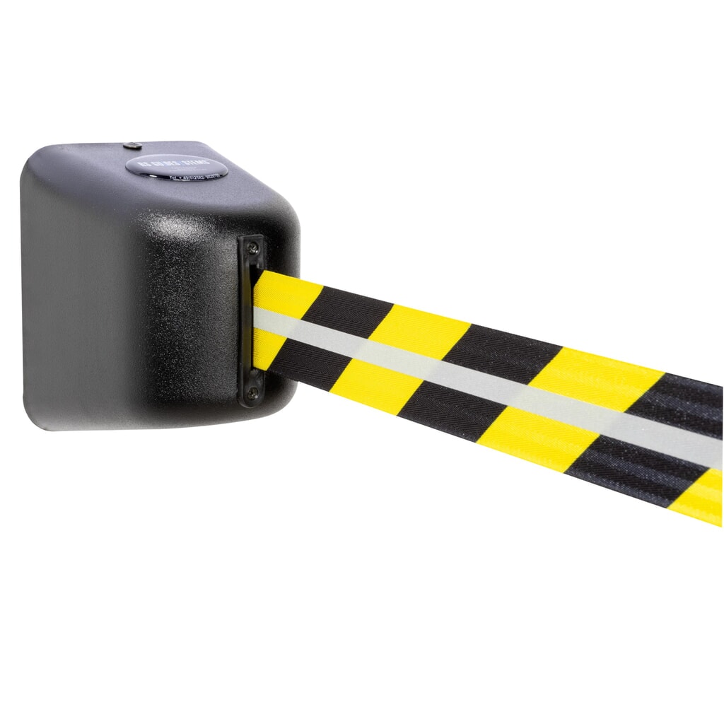 Produktabbildung: RS-GUIDESYSTEMS® Gurtkassette GLW 460 REFLECTO, Wandmontage, Länge 6 m, Breite 50 mm, Gehäuse schwarz, Gurt schwarz/gelb