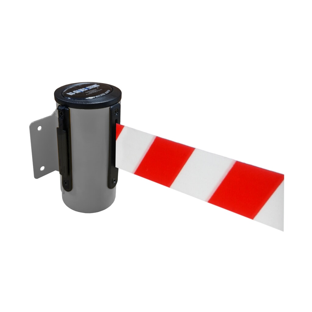 RS-GUIDESYSTEMS® Wandgurt-Kassette aus Metall, pulverbeschichtet, Auszugslänge 4 m, grau, rot / weiß diagonal gestreift Produktabbildung: RS-GUIDESYSTEMS® Wandgurt-Kassette aus Metall, pulverbeschichtet, Auszugslänge 4 m, grau, rot / weiß diagonal gestreift