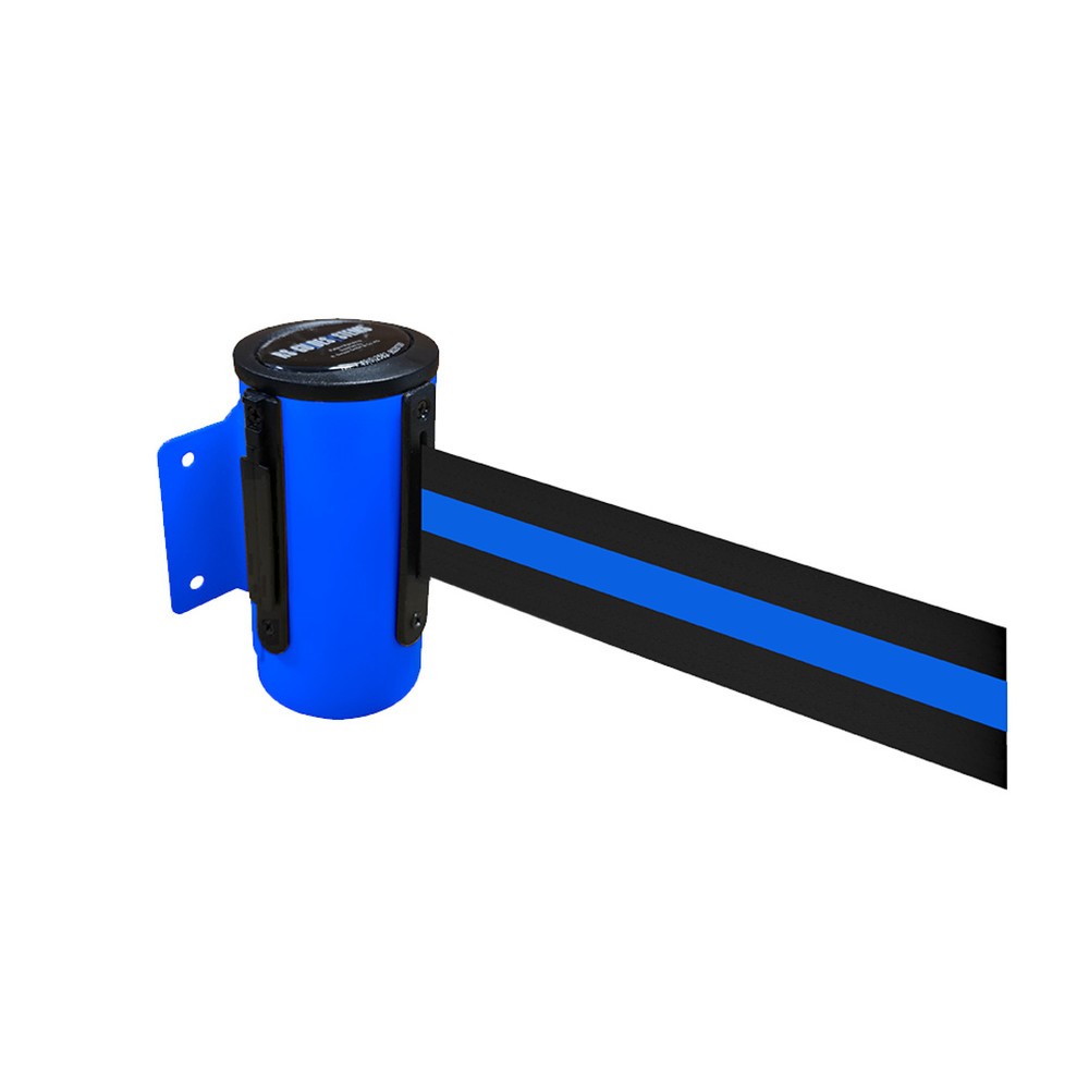 Produktabbildung: RS-GUIDESYSTEMS® Wandgurt-Kassette aus Metall, pulverbeschichtet, Auszugslänge 2,3 m, blau, schwarz / blau horizontal gestreift