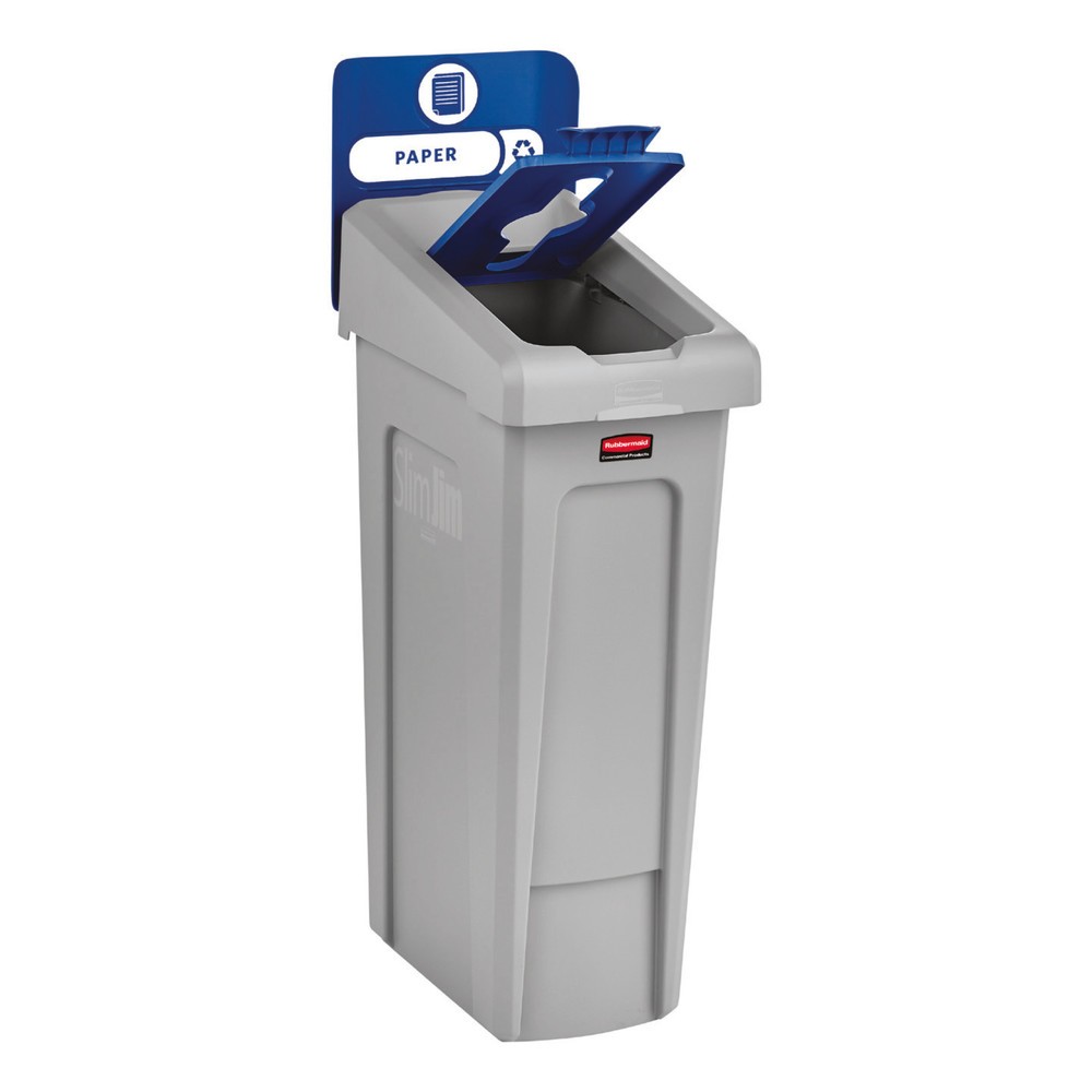 N° de l'image du produit 2 : Rubbermaid® Kit de démarrage pour station de recyclage Slim Jim, avec collecteur de matériaux de 87 litres, avec couvercle ouvert, avec raccord emboîtable