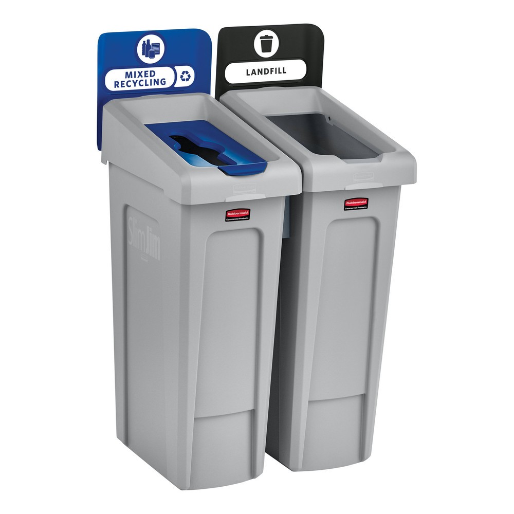 N° de l'image du produit 4 : Rubbermaid® Kit de démarrage pour station de recyclage Slim Jim, avec collecteur de matériaux de 87 litres, avec couvercle ouvert, avec raccord emboîtable
