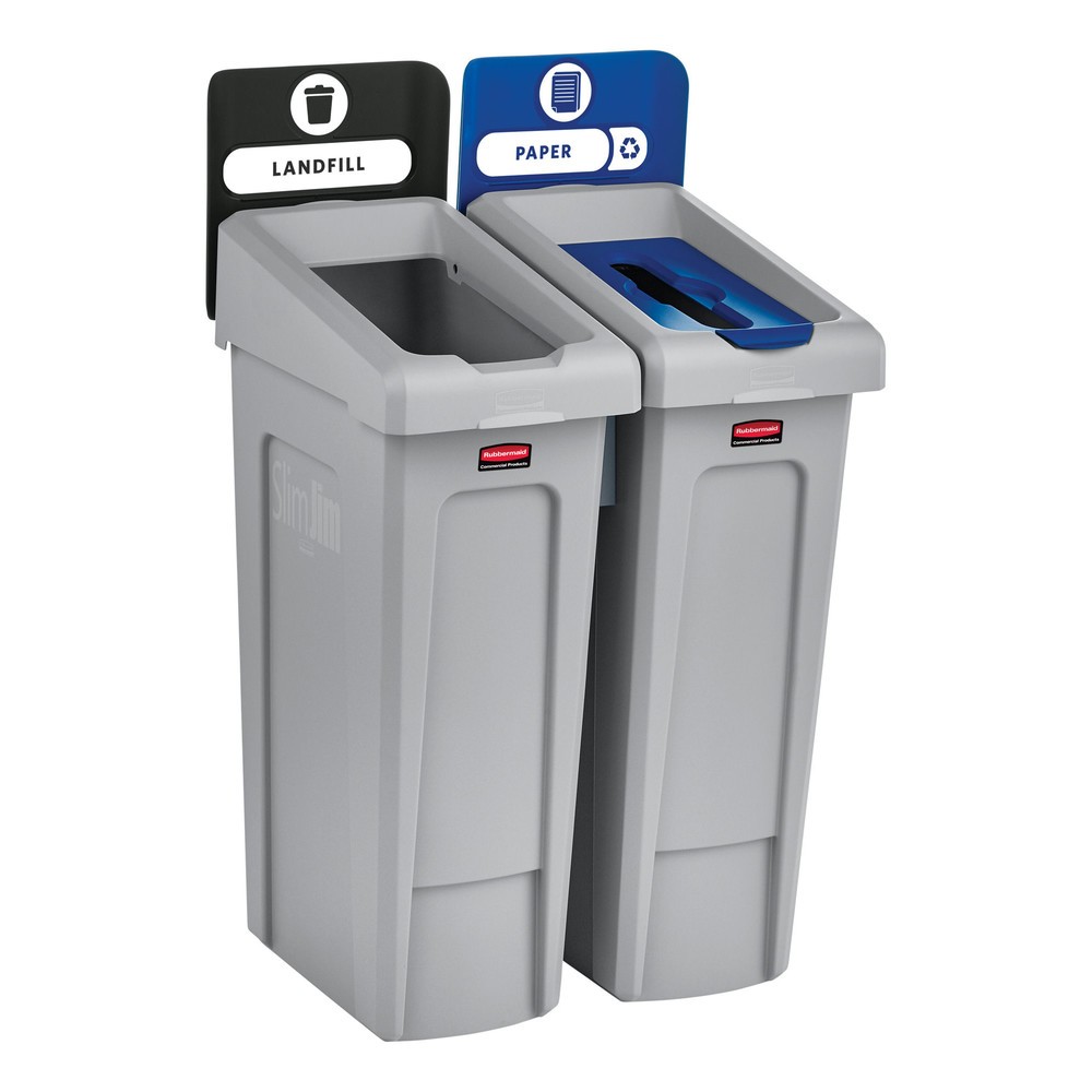 N° de l'image du produit 5 : Rubbermaid® Kit de démarrage pour station de recyclage Slim Jim, avec collecteur de matériaux de 87 litres, avec couvercle ouvert, avec raccord emboîtable