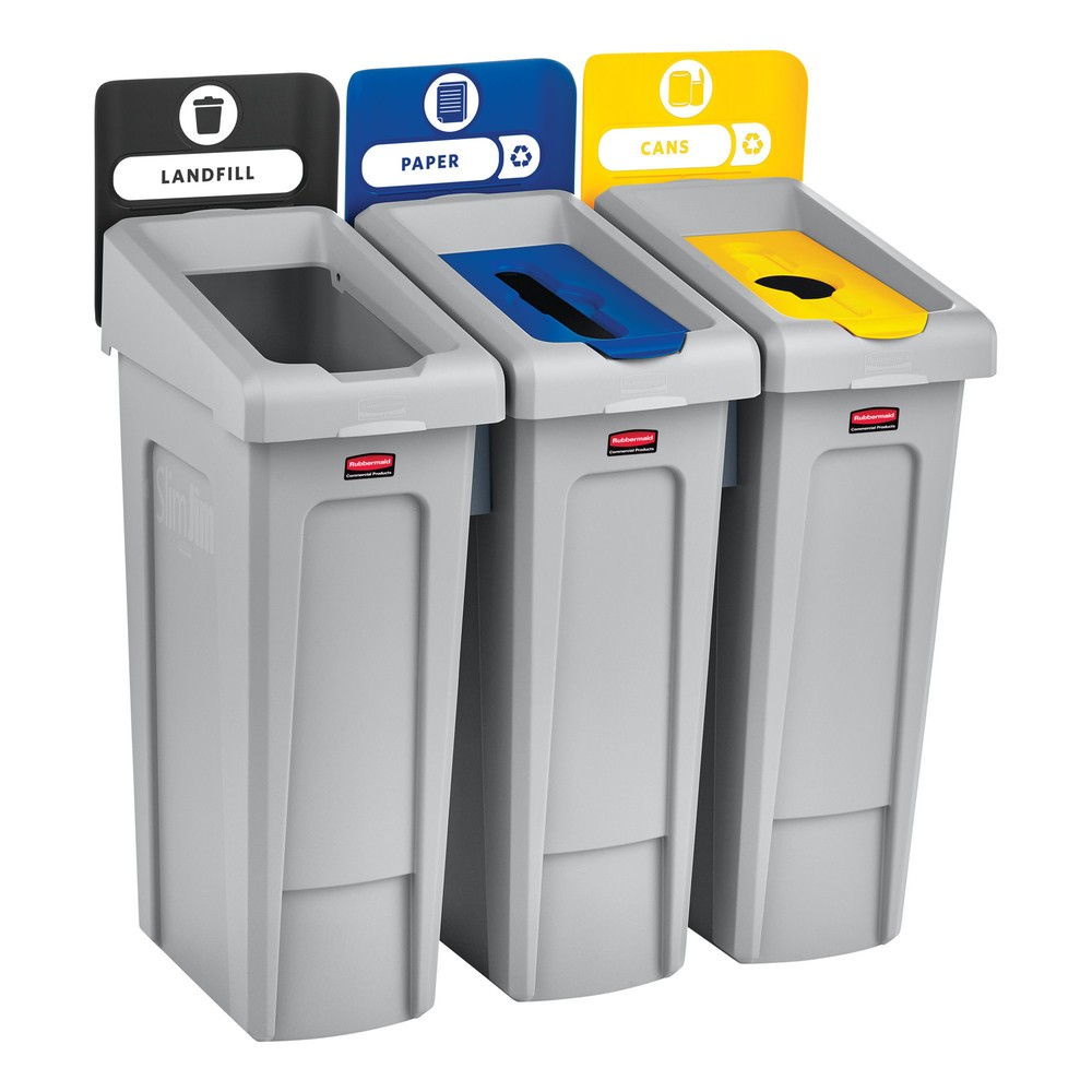 N° de l'image du produit 6 : Rubbermaid® Kit de démarrage pour station de recyclage Slim Jim, avec collecteur de matériaux de 87 litres, avec couvercle ouvert, avec raccord emboîtable