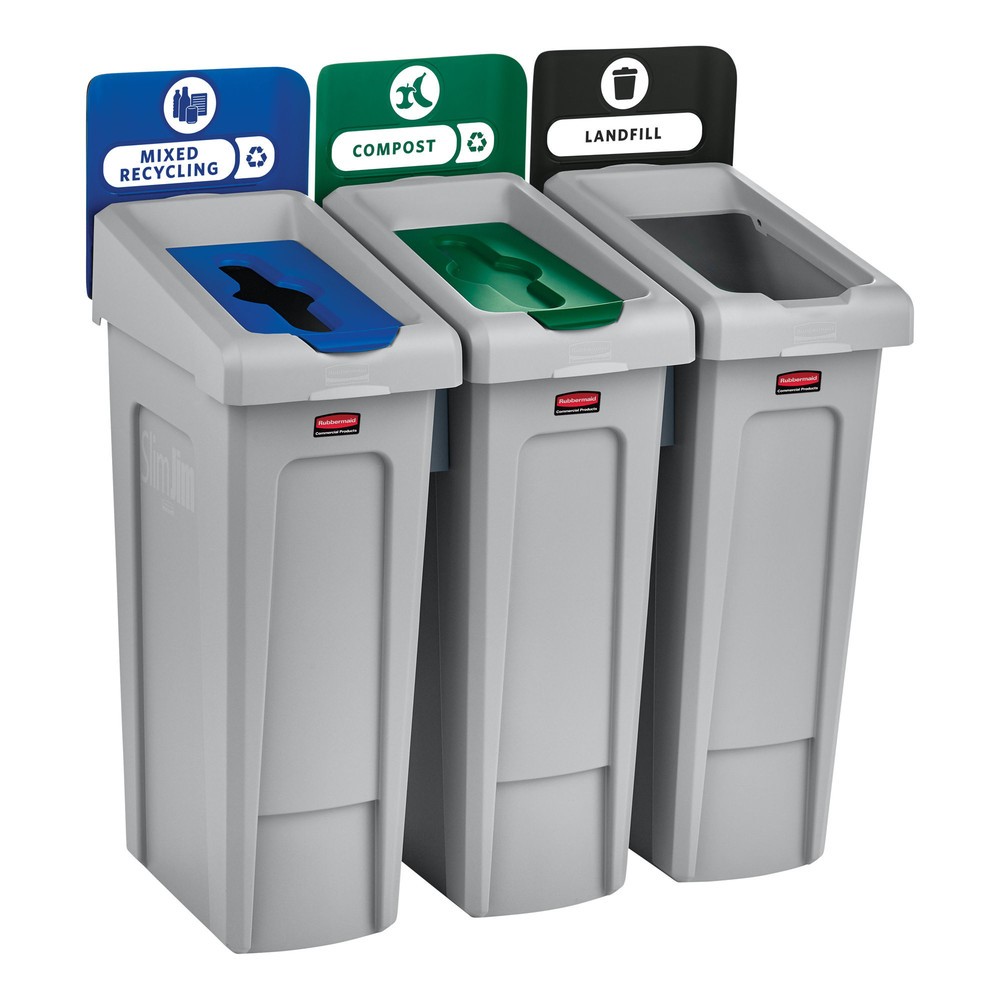 N° de l'image du produit 7 : Rubbermaid® Kit de démarrage pour station de recyclage Slim Jim, avec collecteur de matériaux de 87 litres, avec couvercle ouvert, avec raccord emboîtable