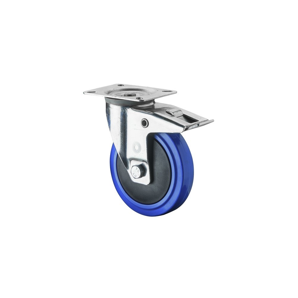 Imagen del producto: Rueda de transporte de goma elástica, azul, rueda directriz con bloqueo, rodamiento de bolas, pletina, Ø x ancho 80 x 32 mm, CC 120 kg