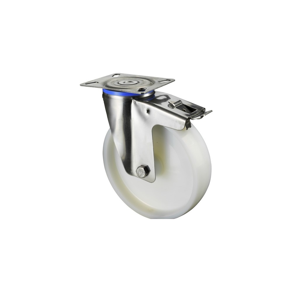 Imagen del producto: Rueda de transporte de plástico, rueda directriz con bloqueo, cojinete de fricción, pletina, Ø x ancho 80 x 30 mm, CC 100 kg