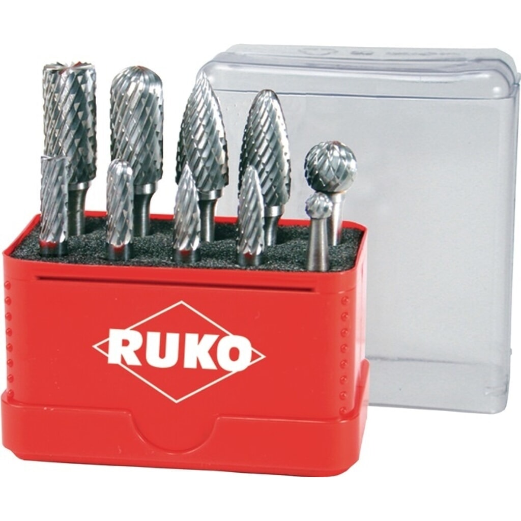 RUKO Frässtiftsatz, Schaft-Durchmesser 6 mm 10 teilig, HM Verzahnung ZYA-ST/WRC/SPG/RBF/KUD Produktabbildung: RUKO Frässtiftsatz, Schaft-Durchmesser 6 mm 10 teilig, HM Verzahnung ZYA-ST/WRC/SPG/RBF/KUD