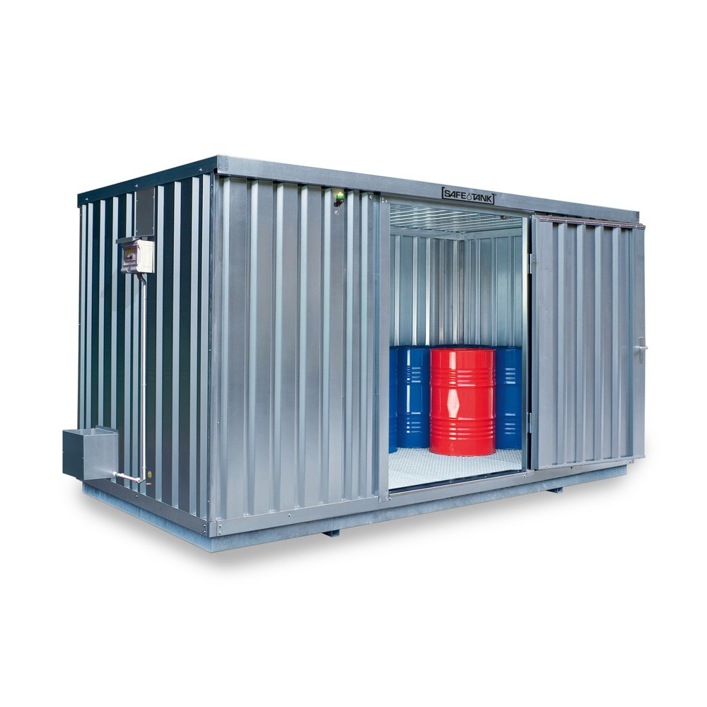 Illustration du produit: Conteneur pour substances dangereuses SAFE Tank 1350 ECO, à haut rendement énergétique grâce à la commande du ventilateur en fonction des besoins, dimensions extérieures 4 350x2 170x2 300 mm, porte à un battant, au centre du côté large,