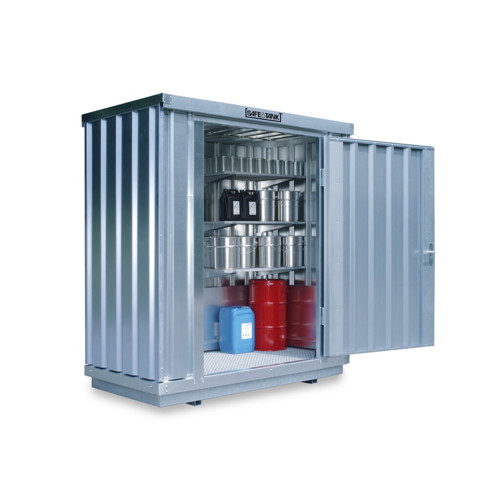 Produktabbildung: SAFE Tank Gefahrstoffcontainer 300 ALG, Außenaufstellung, verzinkt, montiert, Maße außen 2100x1440x2300 mm, Einzelflügeltür, mittig in 2 m Seite, Lagerfläche 2 m²