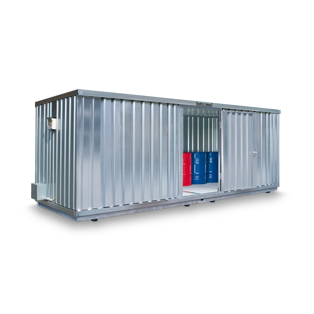 Produktabbildung: SAFE Tank Gefahrstoffcontainer 300 ALG, Außenaufstellung, verzinkt, montiert, Maße außen 2100x1440x2300 mm, Doppelflügeltür (asymmetrische Teilung), mittig in 2 m Seite, Lagerfläche 2 m²
