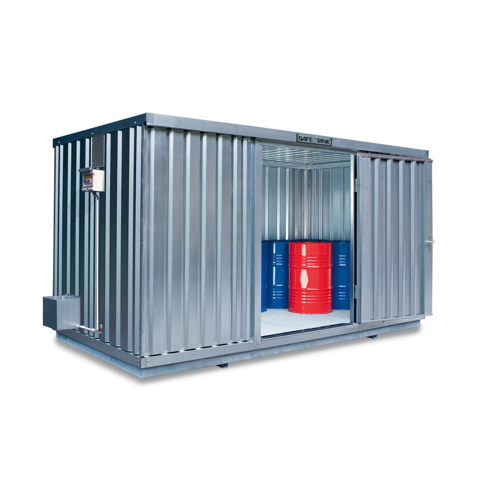 Produktabbildung: SAFE Tank Gefahrstoffcontainer 1000 ALG, Außenaufstellung, verzinkt, montiert, Maße außen 3350x2170x2350 mm, Doppelflügeltür (asymmetrische Teilung), mittig in 3 m Seite, Lagerfläche 6 m²
