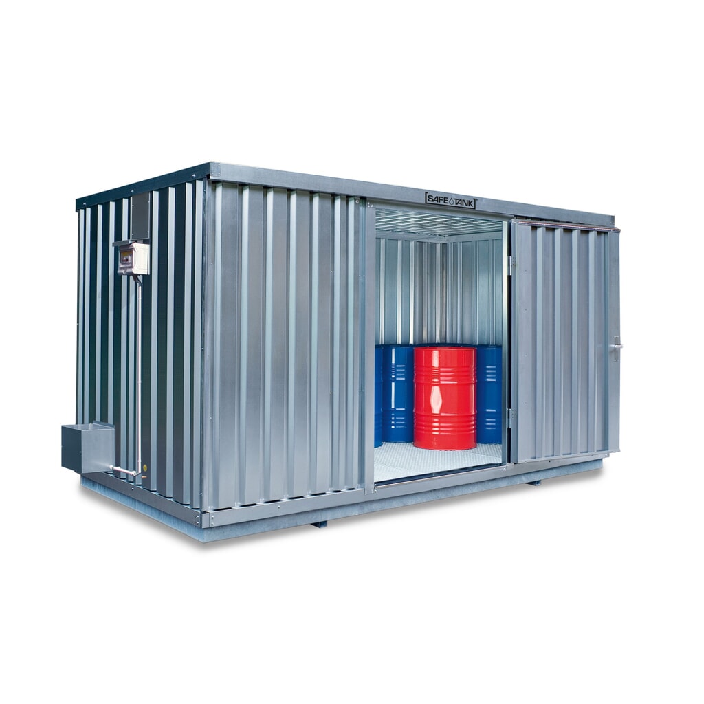 Produktabbildung: SAFE Tank Gefahrstoffcontainer 1000 ALG, Außenaufstellung, verzinkt, montiert, Maße außen 3350x2170x2350 mm, Einzelflügeltür, mittig in 2 m Seite, Lagerfläche 6 m²