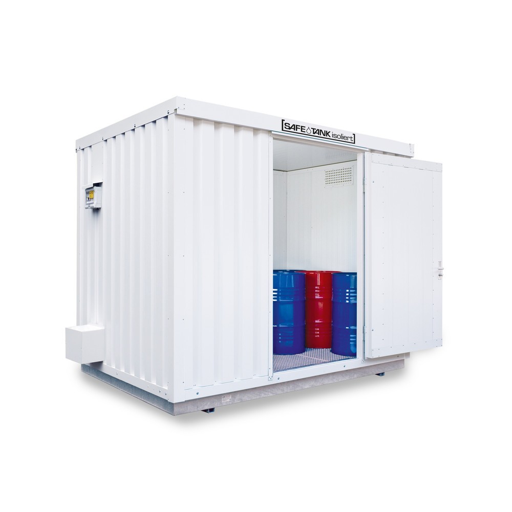 Produktabbildung: SAFE Tank Gefahrstoffcontainer 1700 ALG, isoliert, Außenaufstellung, komplett montiert, kunststoffbeschichtet RAL 9002, Maße außen 5380x2170x2520 mm, Einzelflügeltür, mittig in Stirnseite, Lagerfläche 9 m²