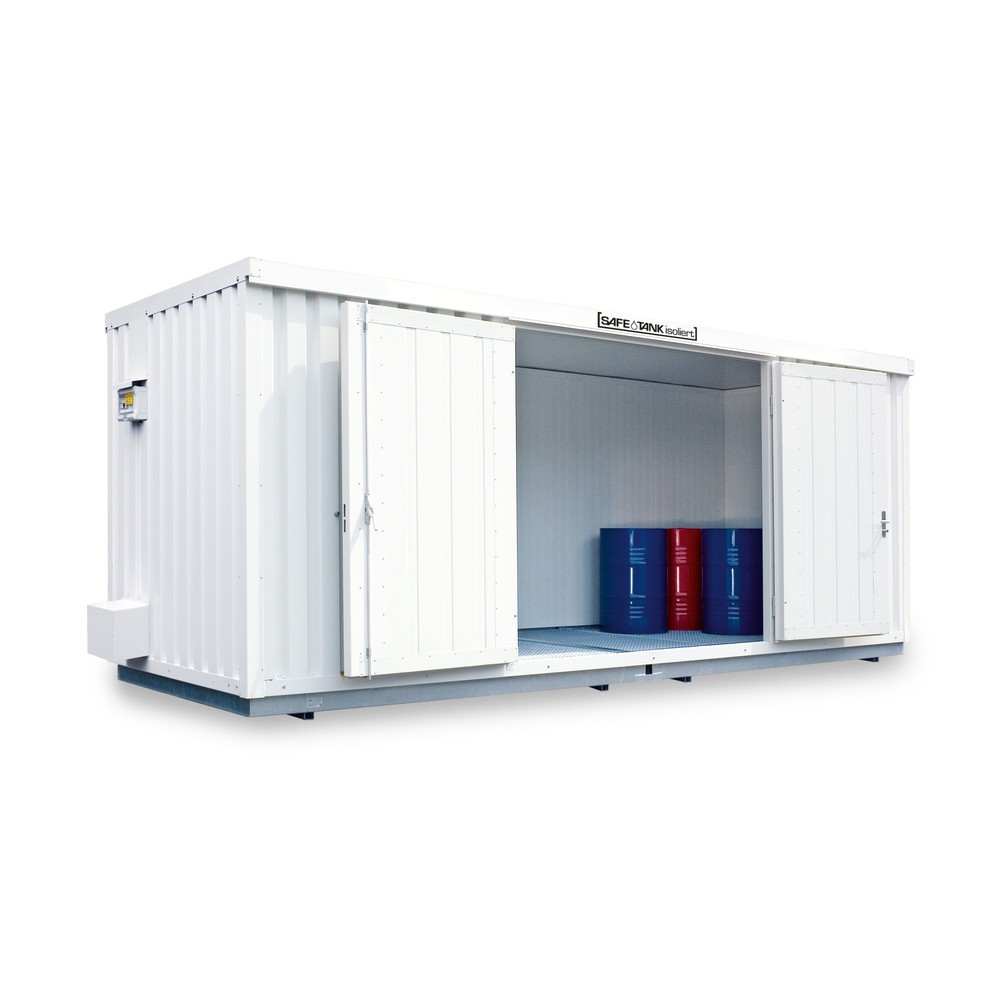 Produktabbildung: SAFE Tank Gefahrstoffcontainer 300 ALG, isoliert Außenaufstellung, komplett montiert, kunststoffbeschichtet RAL 9002, Maße außen 2100x1440x2520 mm, Doppelflügeltür (asymmetrische Teilung), mittig in Breitseite, Lagerfläche 2 m²