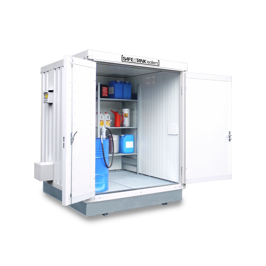 SAFE Tank Gefahrstoffcontainer 400 KTC ALG, isoliert, Außenaufstellung, montiert, kunststoffbeschichtet RAL 9002, Maße außen 2400x2170x2650 mm, Doppelflügeltür (asymmetrische Teilung), mittig in Stirnseite, Lagerfläche 4 m² Produktabbildung: SAFE Tank Gefahrstoffcontainer 400 KTC ALG, isoliert, Außenaufstellung, montiert, kunststoffbeschichtet RAL 9002, Maße außen 2400x2170x2650 mm, Doppelflügeltür (asymmetrische Teilung), mittig in Stirnseite, Lagerfläche 4 m²