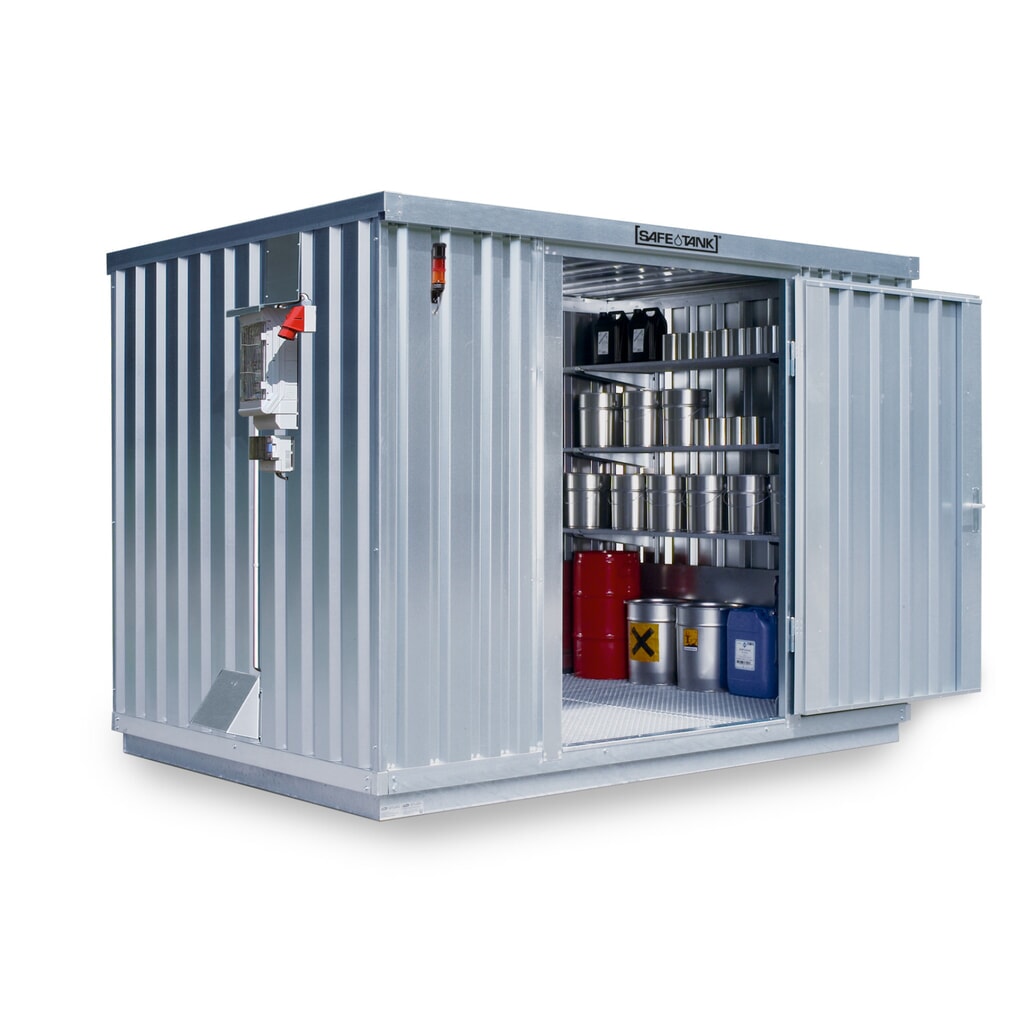 Produktabbildung: SAFE Tank Gefahrstoffcontainer 1000 CONTROL, automatisierte Explosionsschutzeinrichtung  für höchste Energieeffizienz u. Sicherheit, Maße außen 3350x2170x2310 mm, Einzelflügeltür, mittig in der kurzen Seite, Lagerfläche 6 m²