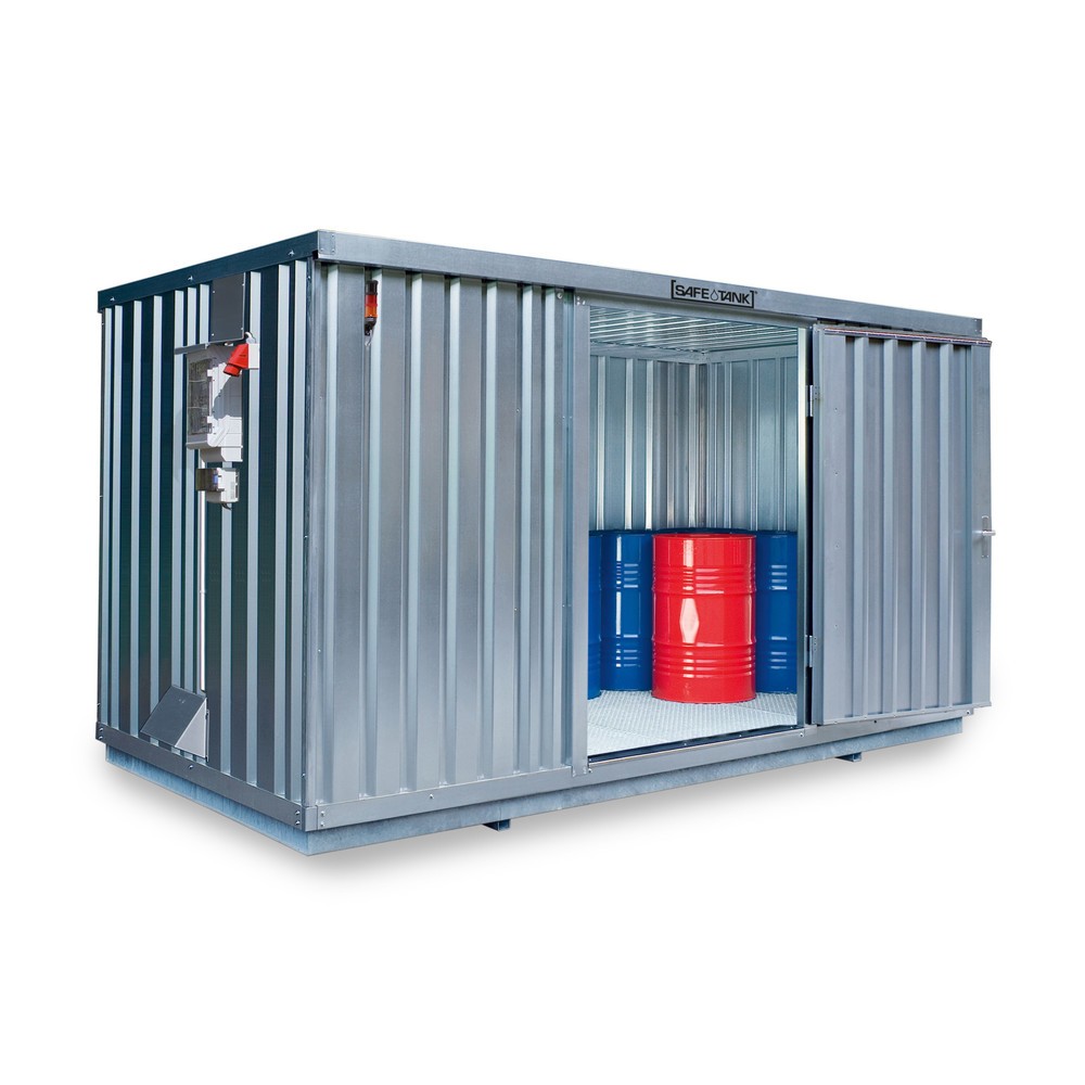 Produktabbildung: SAFE Tank Gefahrstoffcontainer 1350 CONTROL, automatisierte Explosionsschutzeinrichtung  für höchste Energieeffizienz u. Sicherheit, Maße außen 4350x2170x2300 mm, Doppelflügeltür (asymmetrische Teilung), mittig in der langen Seite, Lagerfläche 8