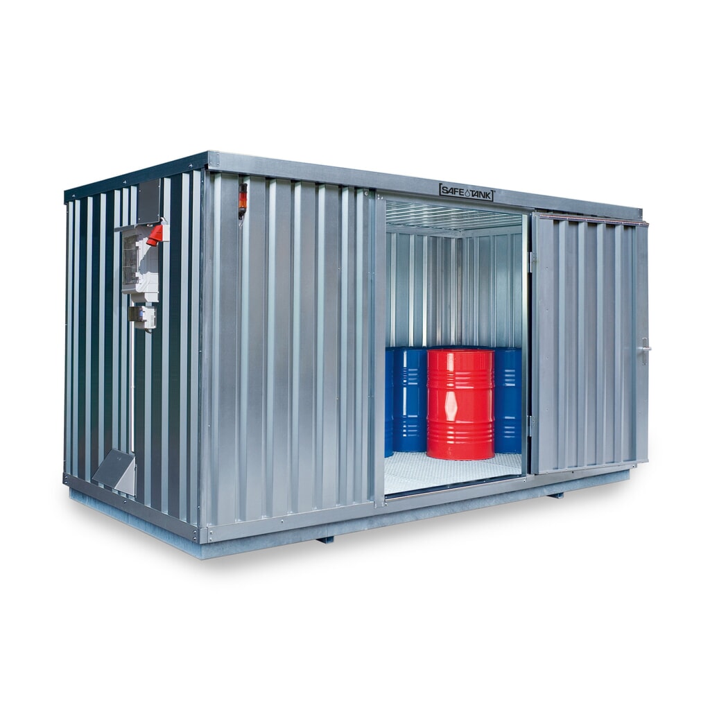 Produktabbildung: SAFE Tank Gefahrstoffcontainer 1350 CONTROL, automatisierte Explosionsschutzeinrichtung  für höchste Energieeffizienz u. Sicherheit, Maße außen 4350x2170x2300 mm, Doppelflügeltür, mittig in der langen Seite, Lagerfläche 8 m²