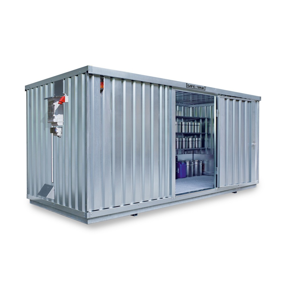 Produktabbildung: SAFE Tank Gefahrstoffcontainer 1700 CONTROL, automatisierte Explosionsschutzeinrichtung  für höchste Energieeffizienz u. Sicherheit, Maße außen 5380x2170x2300 mm, Einzelflügeltür, mittig in der langen Seite, Lagerfläche 10 m²