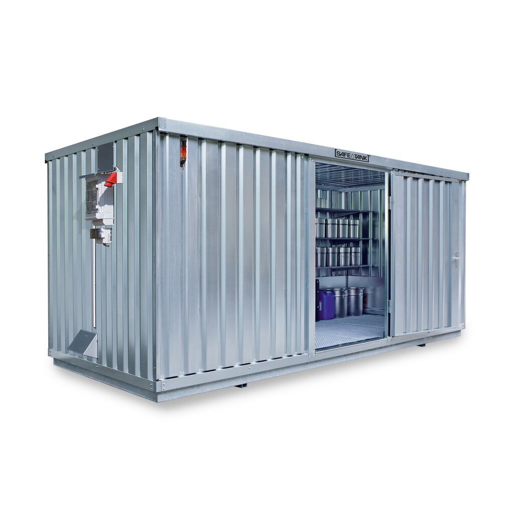 Produktabbildung: SAFE Tank Gefahrstoffcontainer 1700 CONTROL, automatisierte Explosionsschutzeinrichtung  für höchste Energieeffizienz u. Sicherheit, Maße außen 5380x2170x2300 mm, Doppelflügeltür (asymmetrische Teilung), mittig in der langen Seite, Lagerfläche 10