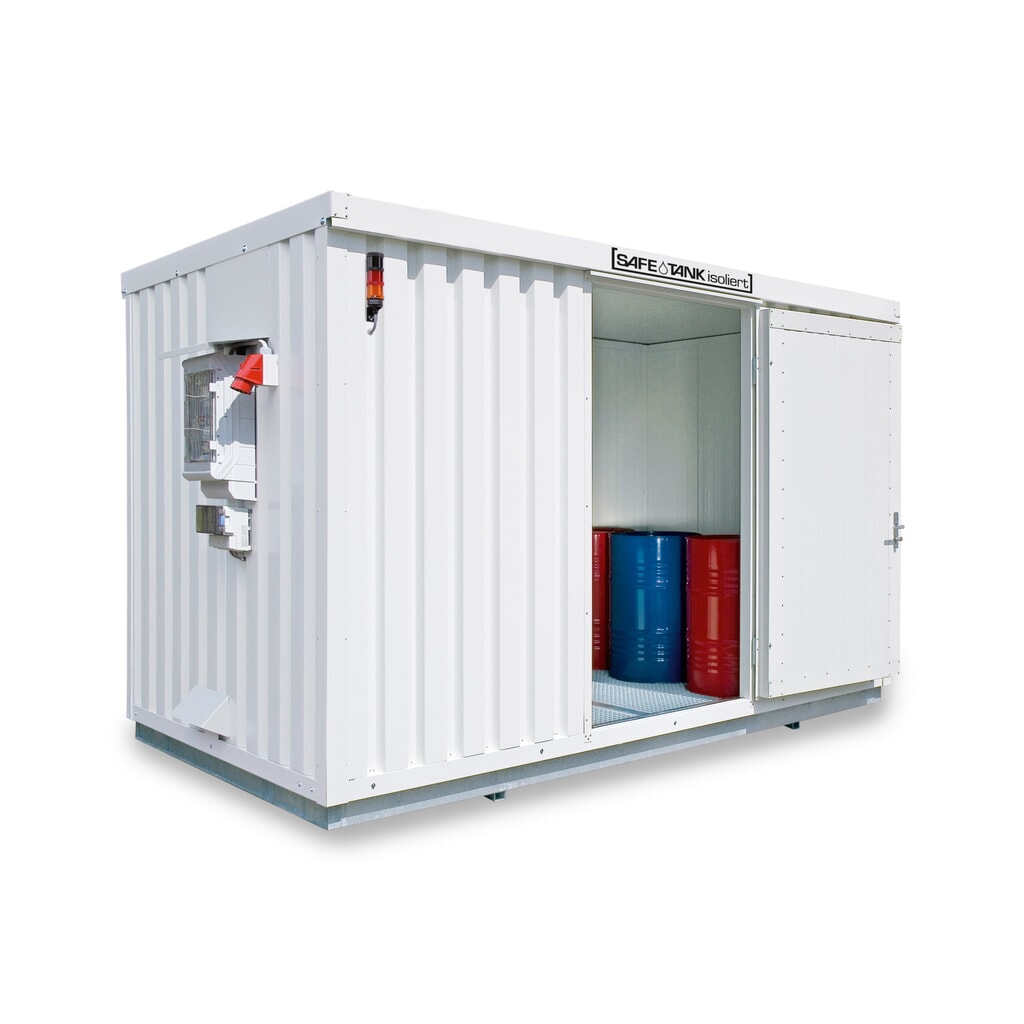 Produktabbildung: SAFE Tank Gefahrstoffcontainer 1350 CONTROL isoliert, automatisierte Explosionsschutzeinrichtung für höchste Energieeffizienz u. Sicherheit, Maße außen 4350x2170x2510 mm, Einzelflügeltür, mittig in 2 m Seite, Lagerfläche 7 m²