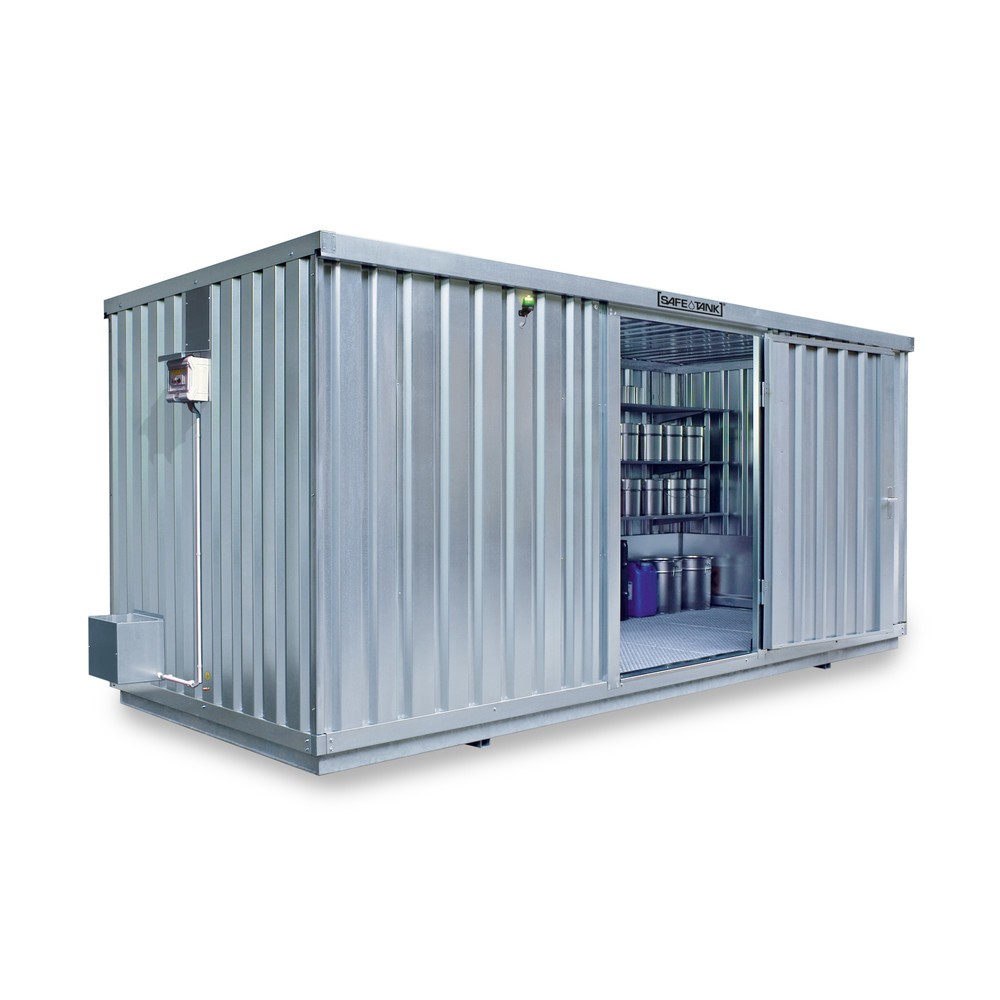 Produktabbildung: SAFE Tank Gefahrstoffcontainer 1700 ECO, energieeffizient durch bedarfsgerechte Lüftersteuerung, Maße außen 5380x2170x2300 mm, Einzelflügeltür, mittig in der breiten Seite, Lagerfläche 10 m²