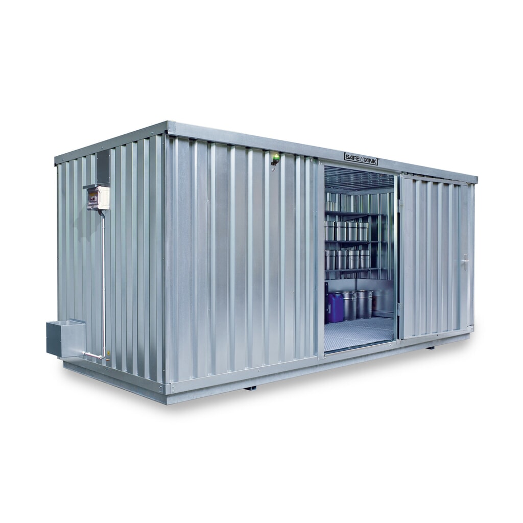 Produktabbildung: SAFE Tank Gefahrstoffcontainer 1700 ECO, energieeffizient durch bedarfsgerechte Lüftersteuerung, Maße außen 5380x2170x2300 mm, Einzelflügeltür, mittig in der kurzen Seite, Lagerfläche 10 m²