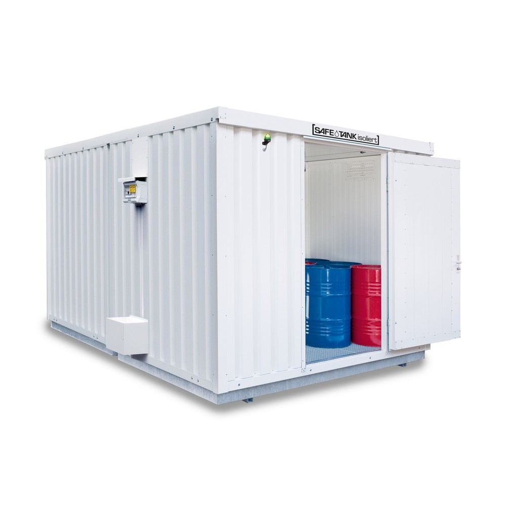 Produktabbildung Nr. 1: SAFE Tank Gefahrstoffcontainer 300 ECO, isoliert, energieeffizient durch bedarfsgerechte Lüftersteuerung, Maße außen 2100x1440x2520 mm, Einzelflügeltür, mittig in Breitseite, Lagerfläche 2 m²