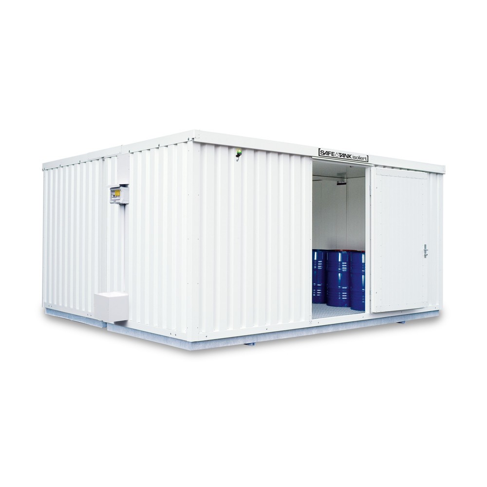 Produktabbildung: SAFE Tank Gefahrstoffcontainer 4000 ECO, isoliert, energieeffizient durch bedarfsgerechte Lüftersteuerung, Maße außen 5380x4340x2520 mm, Einzelflügeltür, mittig in Breitseite, Lagerfläche 21 m²