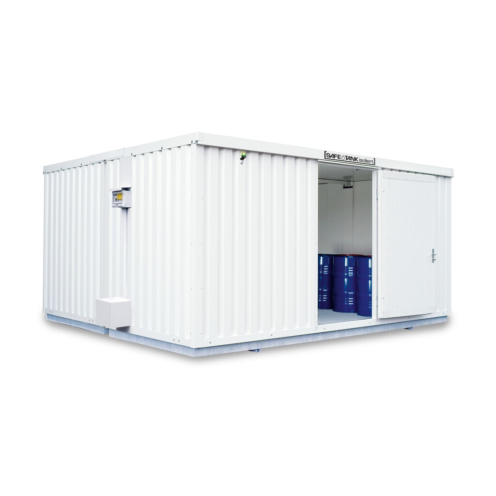 Produktabbildung: SAFE Tank Gefahrstoffcontainer 4000 ECO, isoliert, energieeffizient durch bedarfsgerechte Lüftersteuerung, Maße außen 5380x4340x2520 mm, Einzelflügeltür, mittig in Breitseite, Lagerfläche 21 m²
