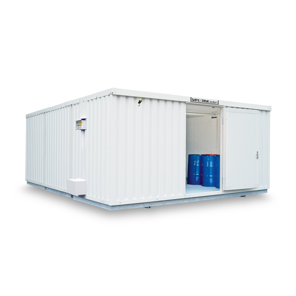 Produktabbildung: SAFE Tank Gefahrstoffcontainer 5000 ECO, isoliert, energieeffizient durch bedarfsgerechte Lüftersteuerung, Maße außen 5380x6520x2520 mm, Einzelflügeltür, mittig in 5 m Seite, Lagerfläche 30 m²