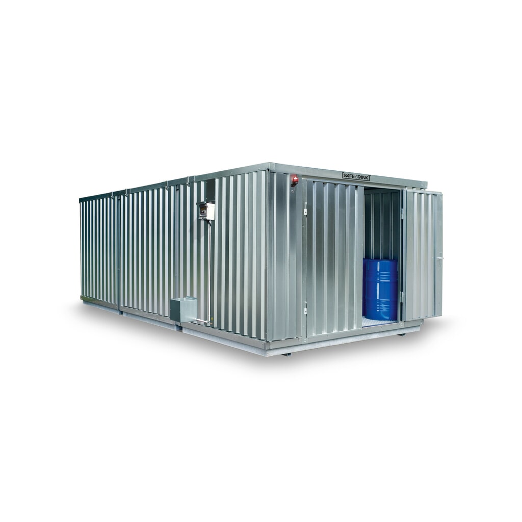 SAFE Tank Gefahrstoffcontainer Kombination 3500 ALG, verzinkt, vormontiert, Maße außen 4350x6520x2300 mm, Doppelflügeltür (asymmetrische Teilung), mittig in der kurzen Seite, Lagerfläche 25 m² Produktabbildung: SAFE Tank Gefahrstoffcontainer Kombination 3500 ALG, verzinkt, vormontiert, Maße außen 4350x6520x2300 mm, Doppelflügeltür (asymmetrische Teilung), mittig in der kurzen Seite, Lagerfläche 25 m²