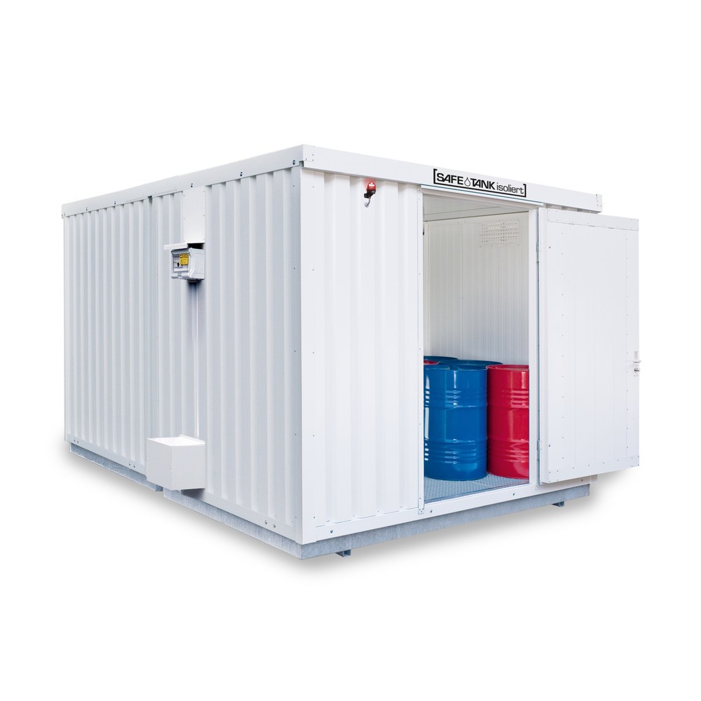 Produktabbildung: SAFE Tank Gefahrstoffcontainer Kombination, 2500 PLG/ALG, isoliert, vormontiert, kunststoffbeschichtet RAL 9002, Maße außen 4350x4340x2510 mm, Doppelflügeltür (asymmetrische Teilung), mittig in Stirnseite, Lagerfläche 16 m²