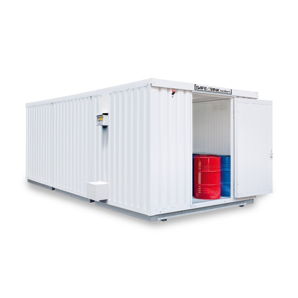 Produktabbildung: SAFE Tank Gefahrstoffcontainer Kombination, 3500 PLG/ALG, isoliert, vormontiert, kunststoffbeschichtet RAL 9002, Maße außen 4350x6520x2510 mm, Doppelflügeltür (asymmetrische Teilung), mittig in Stirnseite, Lagerfläche 24 m²