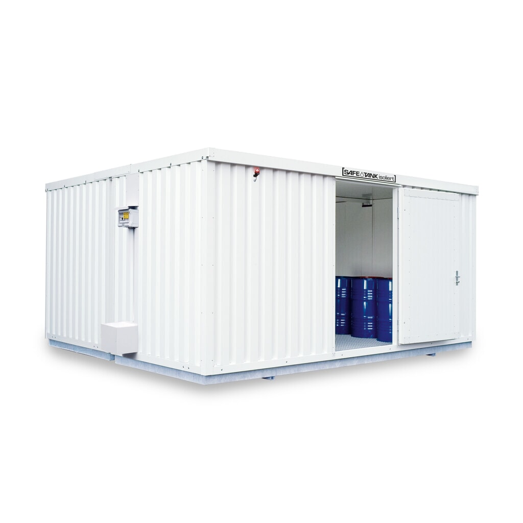 Produktabbildung: SAFE Tank Gefahrstoffcontainer Kombination 4000 ALG, isoliert, vormontiert, kunststoffbeschichtet RAL 9002, Maße außen 5380x4340x2520 mm, Einzelflügeltür, mittig in Breitseite, Lagerfläche 20 m²