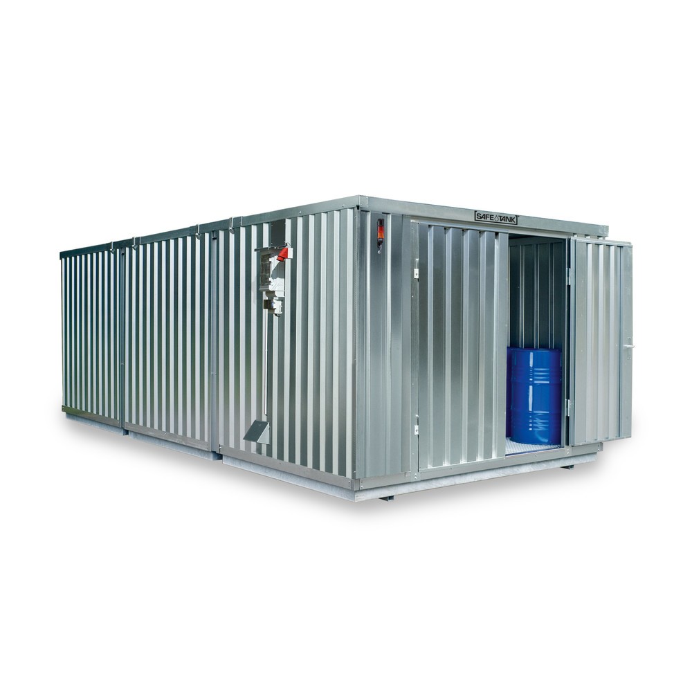 Produktabbildung: SAFE Tank Gefahrstoffcontainer 5000 CONTROL, automatisierte Explosionsschutzeinrichtung für höchste Energieeffizienz u. Sicherheit, Maße außen 5380x6520x2300 mm, Doppelflügeltür (asymmetrische Teilung), seitlich in 6 m Seite, Lagerfläche 32 m²
