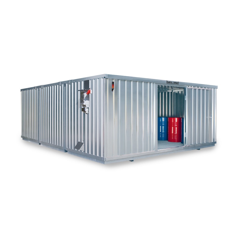 Produktabbildung: SAFE Tank Gefahrstoffcontainer 5000 CONTROL, automatisierte Explosionsschutzeinrichtung für höchste Energieeffizienz u. Sicherheit, Maße außen 5380x6520x2300 mm, Einzelflügeltür, mittig in der kurzen Seite, Lagerfläche 32 m²