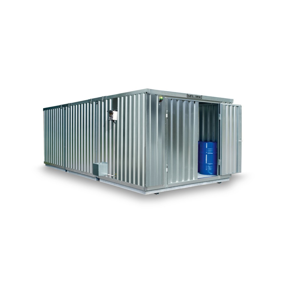 Produktabbildung Nr. 1: SAFE Tank Gefahrstoffcontainer Kombination 4000 ECO, energieeffizient durch bedarfsgerechte Lüftersteuerung, Maße außen 5380x4340x2300 mm, Doppelflügeltür (asymmetrische Teilung), mittig in der langen Seite, Lagerfläche 12 m²