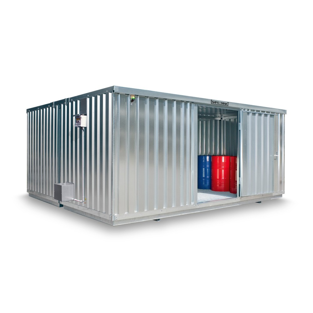 Produktabbildung Nr. 1: SAFE Tank Gefahrstoffcontainer Kombination 3000 ECO, energieeffizient durch bedarfsgerechte Lüftersteuerung, Maße außen 3350x6520x2310 mm, Einzelflügeltür, seitlich in 6 m Seite, Lagerfläche 18 m²