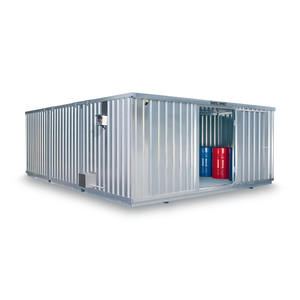 Produktabbildung: SAFE Tank Gefahrstoffcontainer Kombination 5000 ECO, energieeffizient durch bedarfsgerechte Lüftersteuerung, Maße außen 5380x6520x2300 mm, Einzelflügeltür, mittig im Modul, Lagerfläche 31 m²