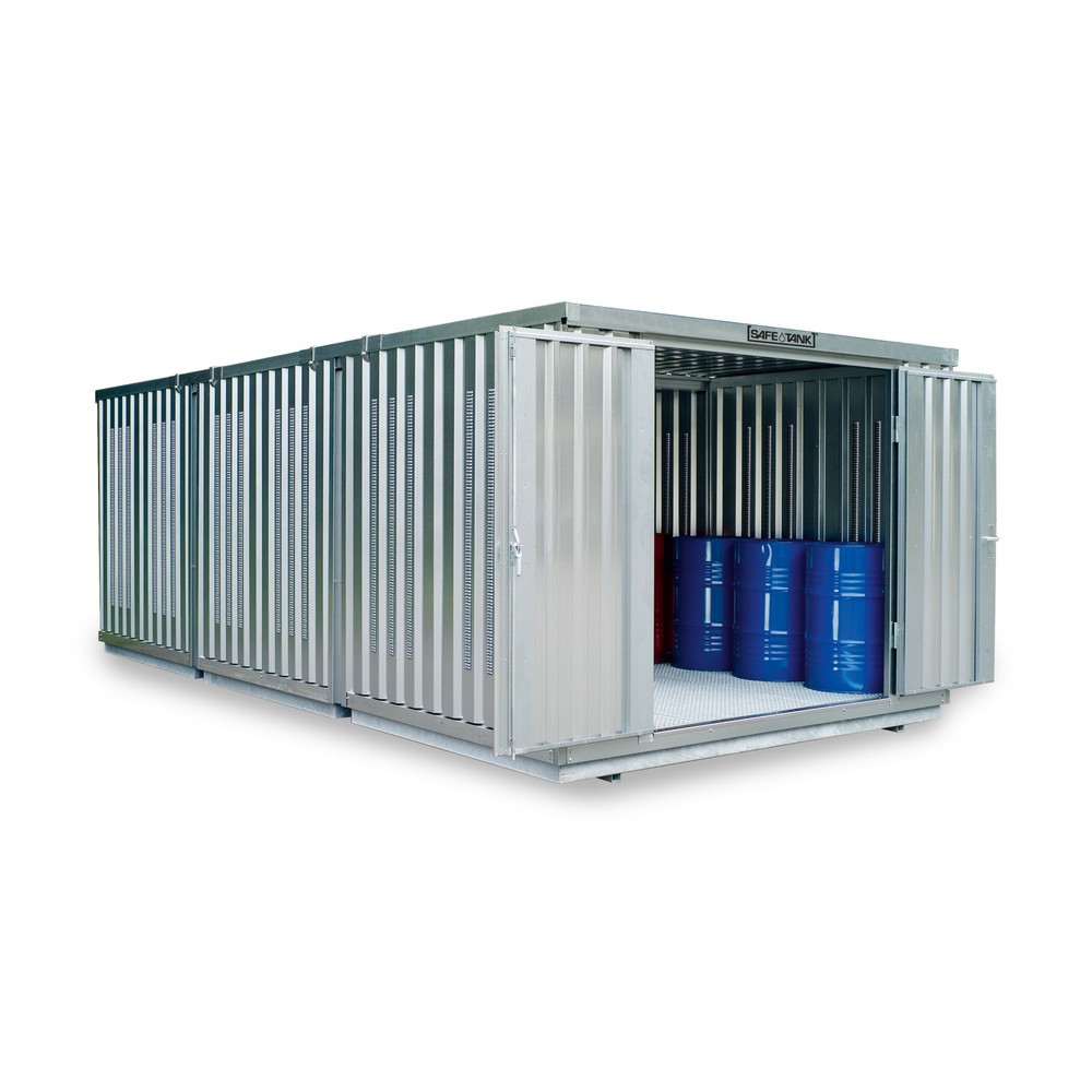 Produktabbildung: SAFE Tank Gefahrstoffcontainer Kombination 4000 PLG, verzinkt, vormontiert, Maße außen 5080x4340x2300 mm, Doppelflügeltür (asymmetrische Teilung), mittig im Modul, Lagerfläche 21 m²
