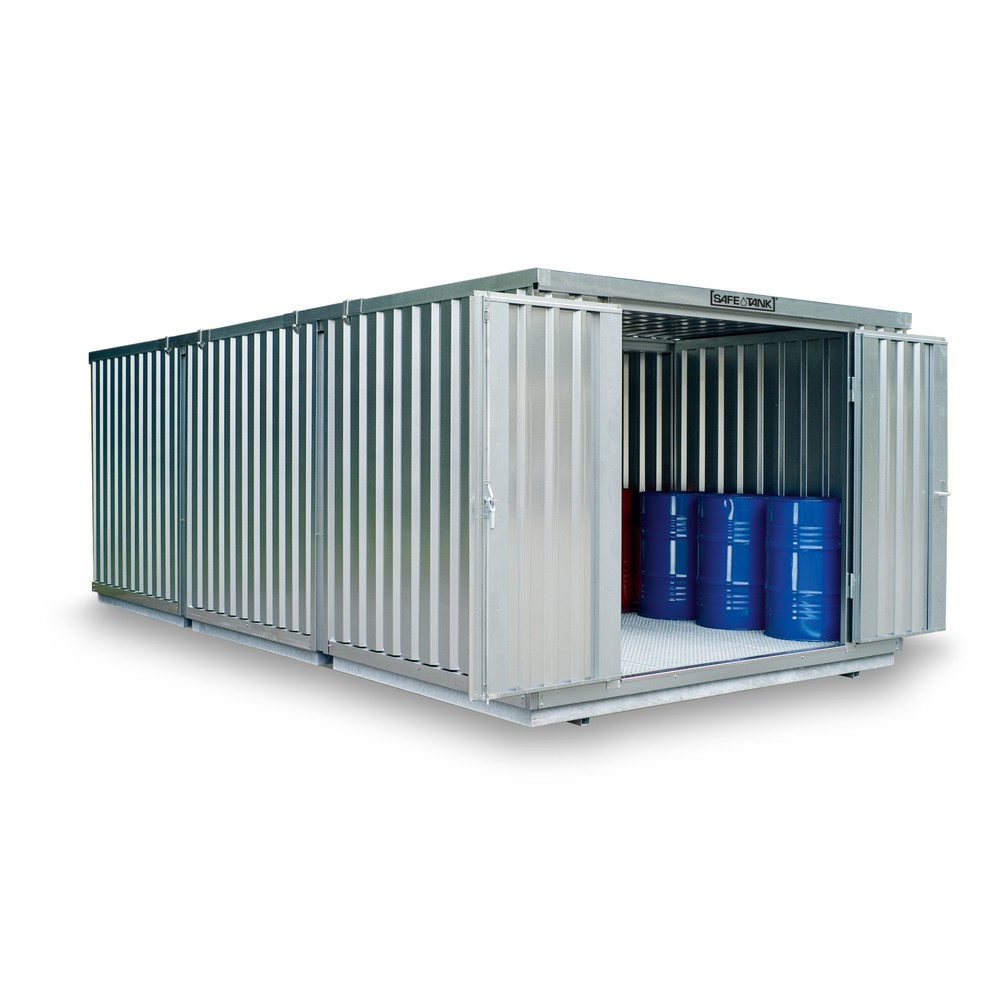 Produktabbildung: SAFE Tank Gefahrstoffcontainer Kombination 3000 WGK 1-3, verzinkt, vormontiert, Maße außen 3050x6520x2310 mm, Doppelflügeltür, mittig in Stirnseite, Lagerfläche 19 m²