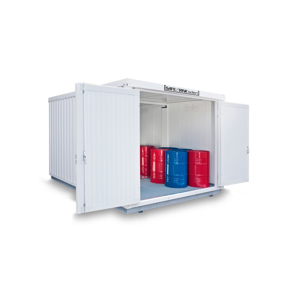 Produktabbildung: SAFE Tank Gefahrstoffcontainer Kombination 2500 WGK 1-3, isoliert, vormontiert, kunststoffbeschichtet RAL 9002, Maße außen 4050x4340x2510 mm, Doppelflügeltür (asymmetrische Teilung), mittig in Stirnseite, Zusatztür, Lagerfläche 16 m²