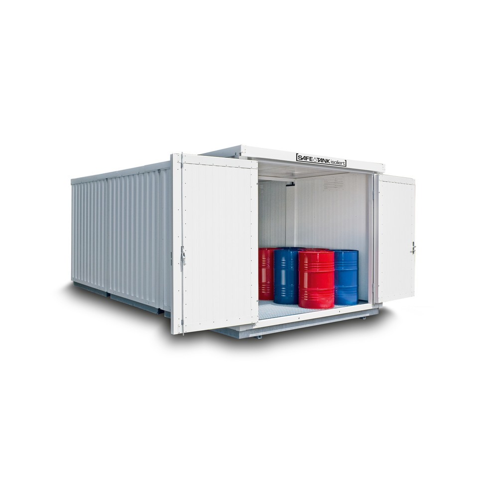 Produktabbildung: SAFE Tank Gefahrstoffcontainer Kombination 3500 WGK 1-3, isoliert, vormontiert, kunststoffbeschichtet RAL 9002, Maße außen 4050x6520x2510 mm, Doppelflügeltür (asymmetrische Teilung), mittig in Stirnseite, Lagerfläche 24 m²