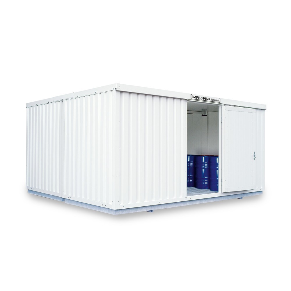 Produktabbildung: SAFE Tank Gefahrstoffcontainer Kombination 5000 WGK 1-3, isoliert, vormontiert, kunststoffbeschichtet RAL 9002, Maße außen 5080x6520x2520 mm, Einzelflügeltür, mittig im Modul, Lagerfläche 30 m²