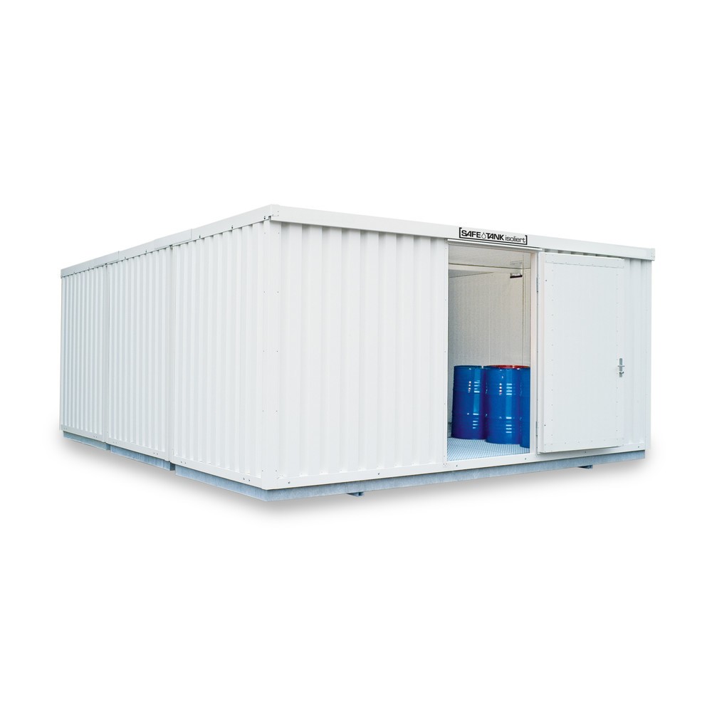 Produktabbildung: SAFE Tank Gefahrstoffcontainer Kombination 4000 WGK 1-3, isoliert, vormontiert, kunststoffbeschichtet RAL 9002, Maße außen 5080x6520x2520 mm, Einzelflügeltür, mittig in Breitseite, Lagerfläche 30 m²