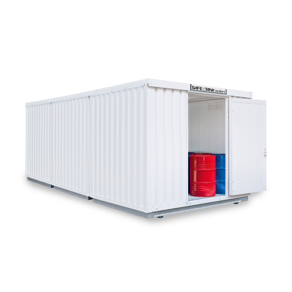 Produktabbildung: SAFE Tank Gefahrstoffcontainer Kombination 3500 WGK 1-3, isoliert, vormontiert, kunststoffbeschichtet RAL 9002, Maße außen 4050x6510x2520 mm, Einzelflügeltür, seitlich in 2m  Seite , Lagerfläche 24 m²