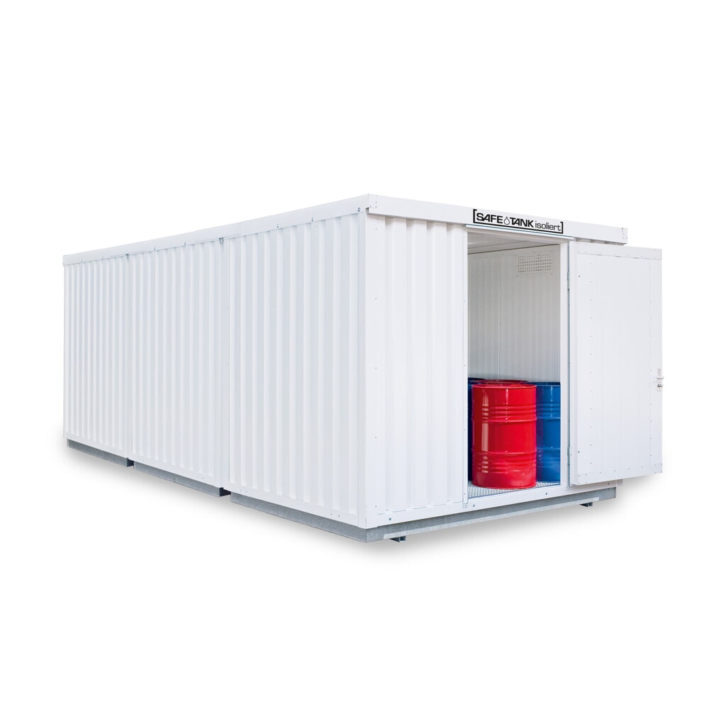 SAFE Tank Gefahrstoffcontainer Kombination 3500 WGK 1-3, isoliert, vormontiert, kunststoffbeschichtet RAL 9002, Maße außen 4050x6510x2520 mm, Einzelflügeltür, seitlich in 2m Seite , Lagerfläche 24 m² Produktabbildung: SAFE Tank Gefahrstoffcontainer Kombination 3500 WGK 1-3, isoliert, vormontiert, kunststoffbeschichtet RAL 9002, Maße außen 4050x6510x2520 mm, Einzelflügeltür, seitlich in 2m Seite , Lagerfläche 24 m²