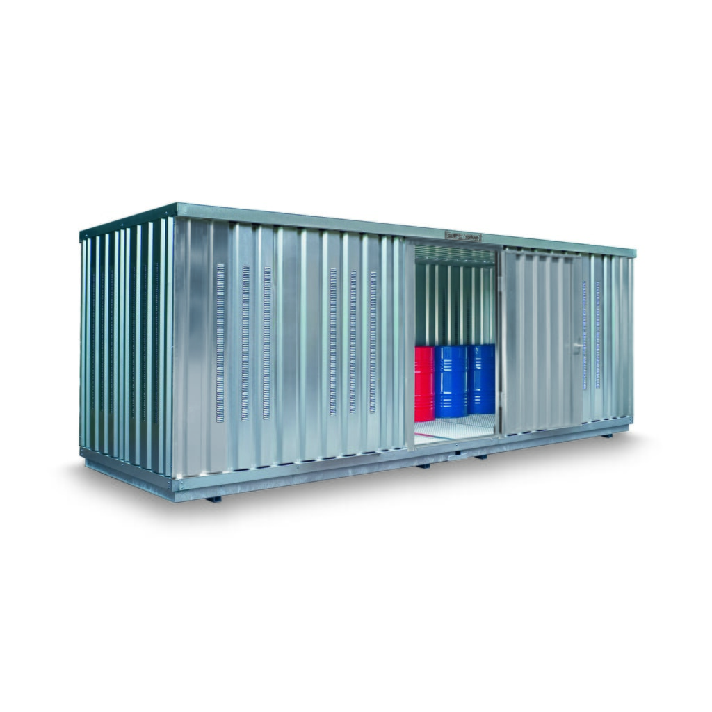 Produktabbildung: SAFE Tank Gefahrstoffcontainer 1900 PLG, Außenaufstellung, verzinkt, montiert, Maße außen 6080x2170x2310 mm, Einzelflügeltür, mittig in 6 m Seite, Lagerfläche 12 m²
