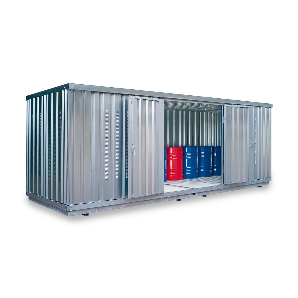 Produktabbildung: SAFE Tank Gefahrstoffcontainer 1900 PLG, Außenaufstellung, verzinkt, montiert, Maße außen 6080x2170x2310 mm, Doppelflügeltür (asymmetrische Teilung), mittig in 2 m Seite, Lagerfläche 12 m²